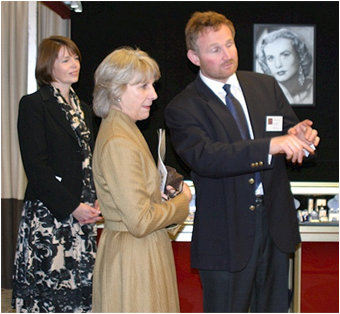 HRH The Duchess of Gloucester with Fair Organiser, Ingrid Nilson and Simon Powell of Freshfords Fine Antiques